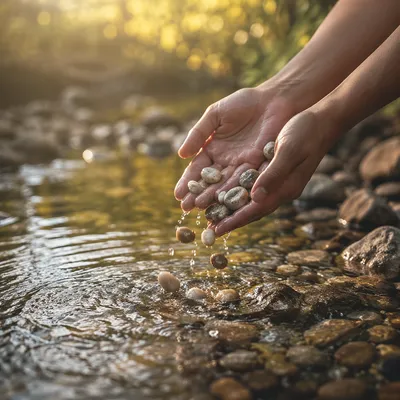 Forgiveness Hands Releasing Stones in Morning Creek