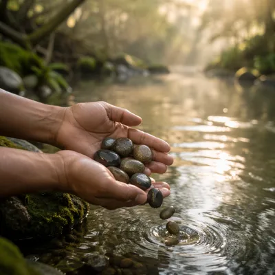Hands Releasing Stones in Morning Creek