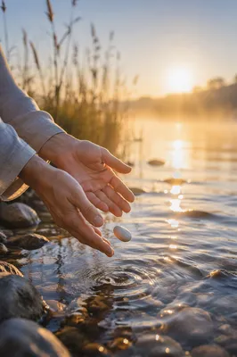 Hands Releasing Pebble in Morning Light