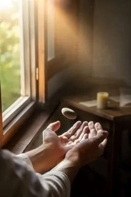 Hands Releasing Stone in Morning Light