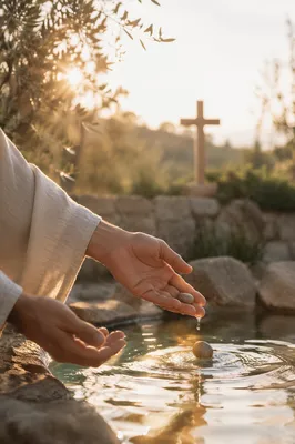Hands Releasing Stone in Forgiveness Light