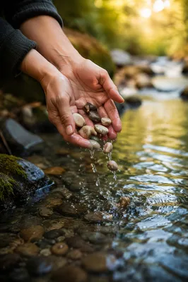Hands Releasing Stones in Morning Creek