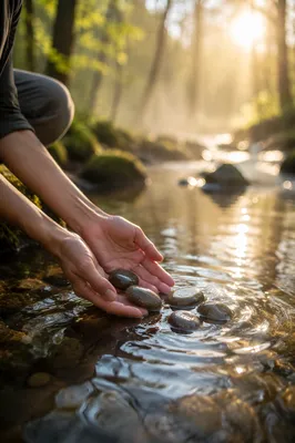 Open Hands Releasing Stones in Sunrise Stream