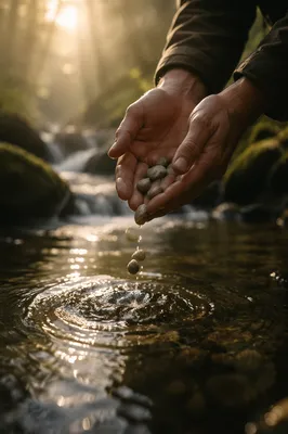 Hands Releasing Stones in Morning Creek