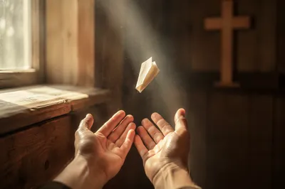 Forgiving Hands Releasing Paper in Chapel Light