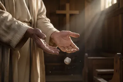 Forgiveness Hands Releasing Stone in Chapel Light