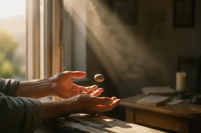 Hands Releasing Stone in Morning Light