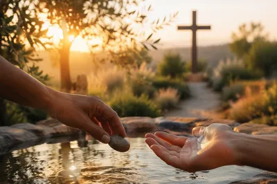 Forgiving Hands Releasing Stone at Dawn