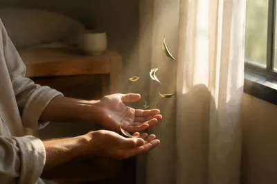Forgiving Hands Releasing Olive Leaves in Morning Light