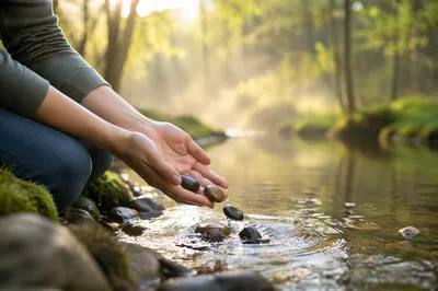 Hands Releasing Stones in Sunrise Stream