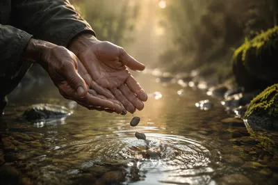 Forgiving Hands Releasing Stones Into Morning Stream
