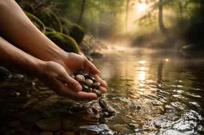 Hands Releasing Stones into Morning Creek
