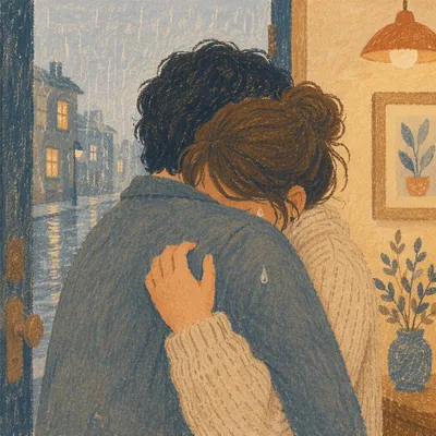 Forgiveness Embrace in Rainy Doorway Light