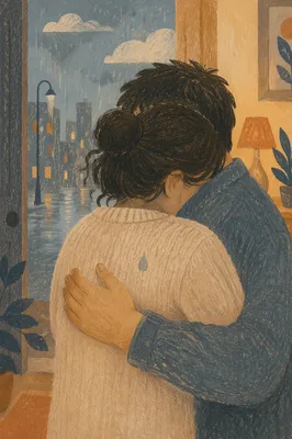 Forgiveness Embrace in Rainy Doorway