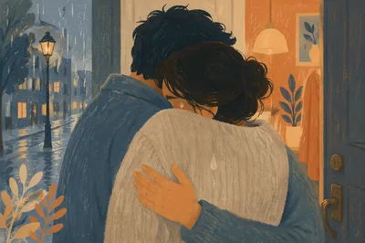 Forgiveness Embrace in Rainy Doorway