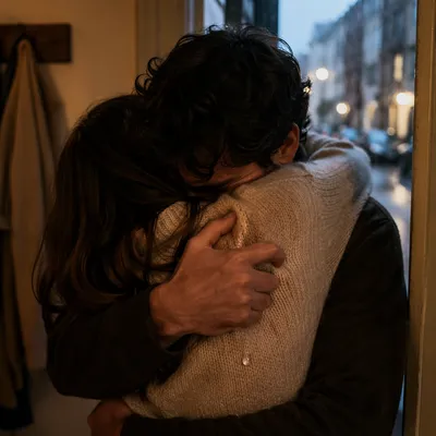 Forgiveness Embrace in Rainy Doorway