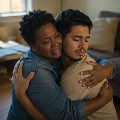 Emotional Reconciliation Embrace in Sunlit Living Room
