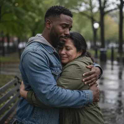 Emotional Embrace in Rainy Urban Park