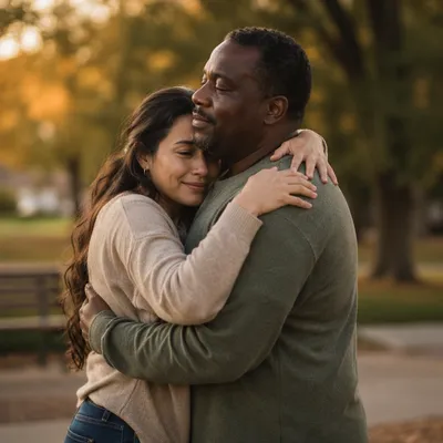 Emotional Reconciliation Embrace in Suburban Park