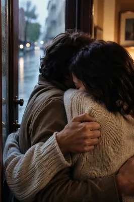 Forgiveness Embrace in Rainy Apartment Doorway