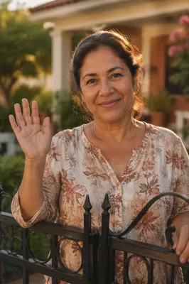 Friendly Woman Waving at Front Gate
