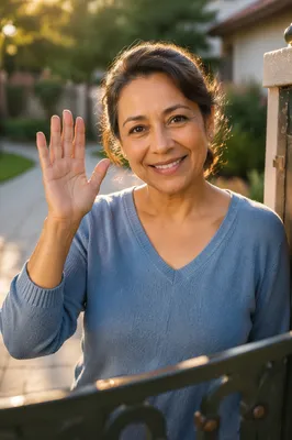 Friendly Woman Waving by Front Gate