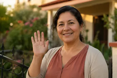 Friendly Woman Waving at Front Gate