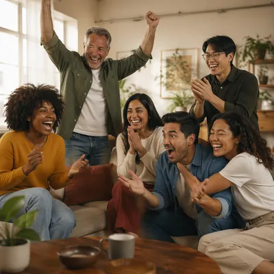 Six Friends Celebrating Good News Indoors
