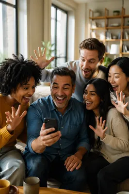 Five Friends Celebrating Good News Indoors