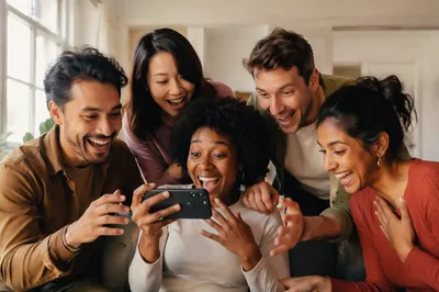 Five Friends Celebrating Good News Indoors