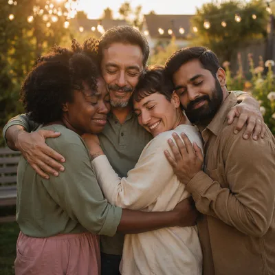 Friends Sharing Emotional Group Hug Outdoors