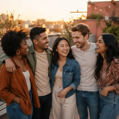 Five Friends Laughing on Rooftop Terrace