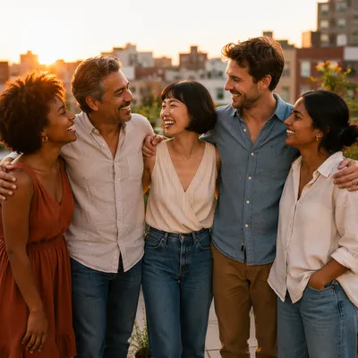 Five Friends Laughing on Urban Rooftop