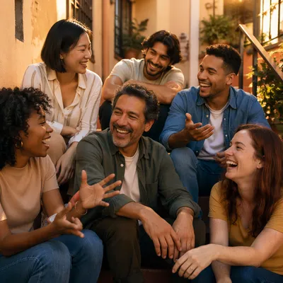 Six Friends Laughing on Courtyard Steps