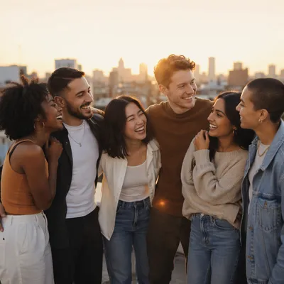 Six Friends Laughing on Rooftop Terrace