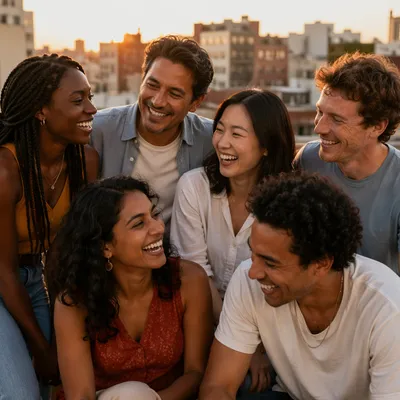 Six Friends Laughing on City Rooftop
