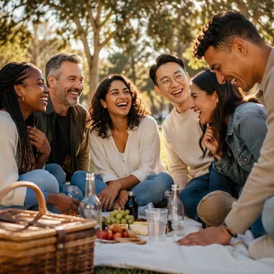 Six Friends Laughing at Park Picnic