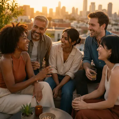 Five Friends Laughing on City Rooftop
