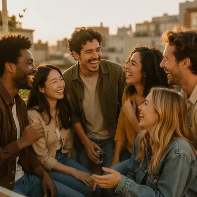Six Friends Laughing on Rooftop Terrace