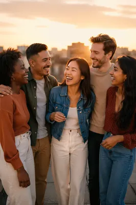 Five Friends Laughing on Rooftop Terrace
