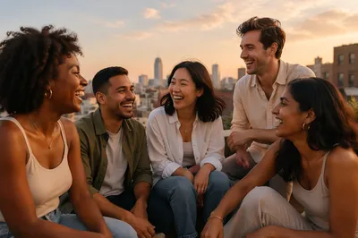 Five Friends Laughing on City Rooftop