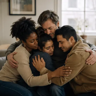 Friends Sharing Comforting Group Hug Indoors