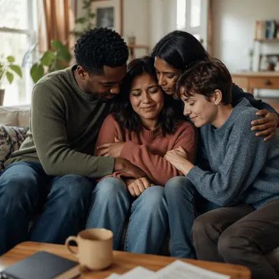Friends Sharing Supportive Group Hug Indoors