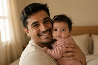 Smiling Father Holding Baby in Bedroom