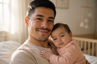 Smiling Father Holding Sleepy Baby Daughter