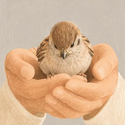 Tender Hands Cradling a Small Sparrow