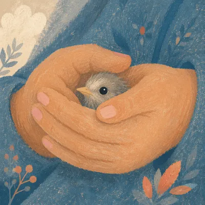 Gentle Hands Cradling a Tiny Bird