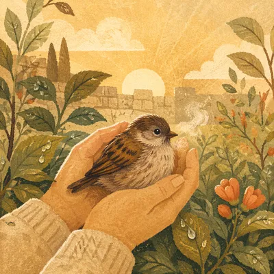 Gentle Hands Cradling Sparrow at Sunrise