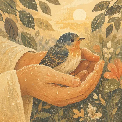 Gentle Hands Cradling a Small Songbird