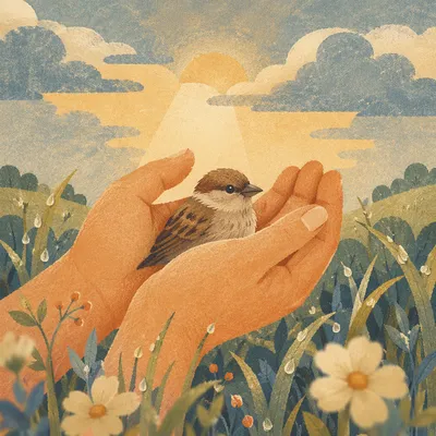 Compassionate Hands Cradling Sparrow at Dawn